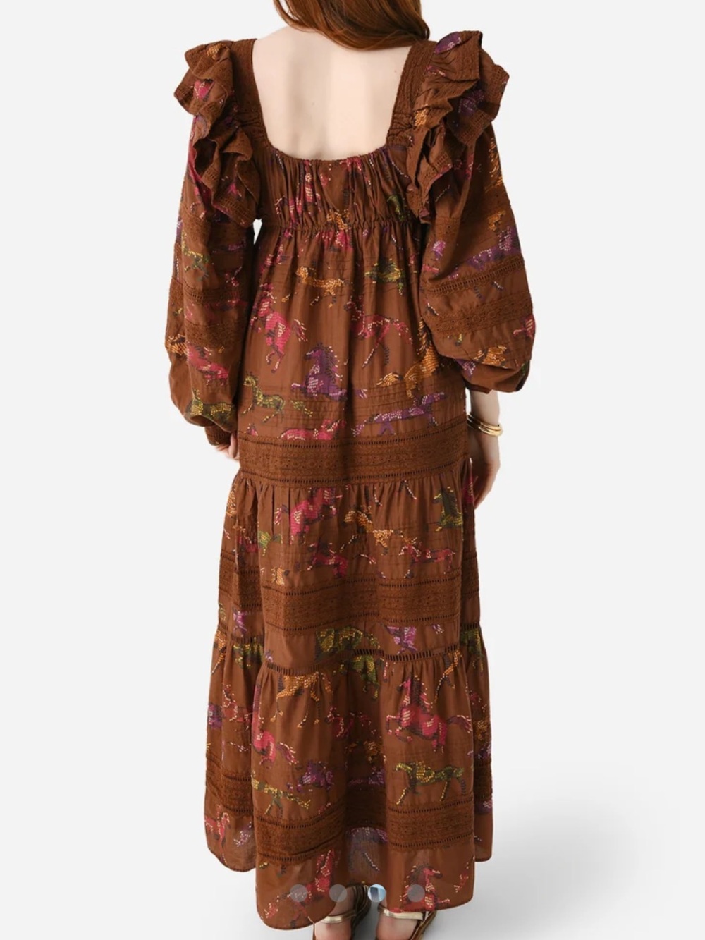 FARM Rio Brown Dotted Horses Ruffled Maxi Dress with Square Neckline. Size S - Picture 14 of 16